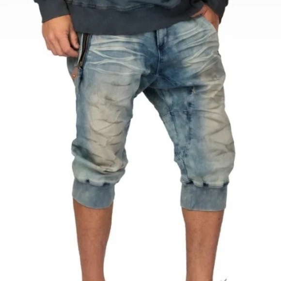 Level 7 Clouded Premium Knit Denim Zip Pocket 18" Jogger Capri Men's Sz 34 Blue - Picture 1 of 16